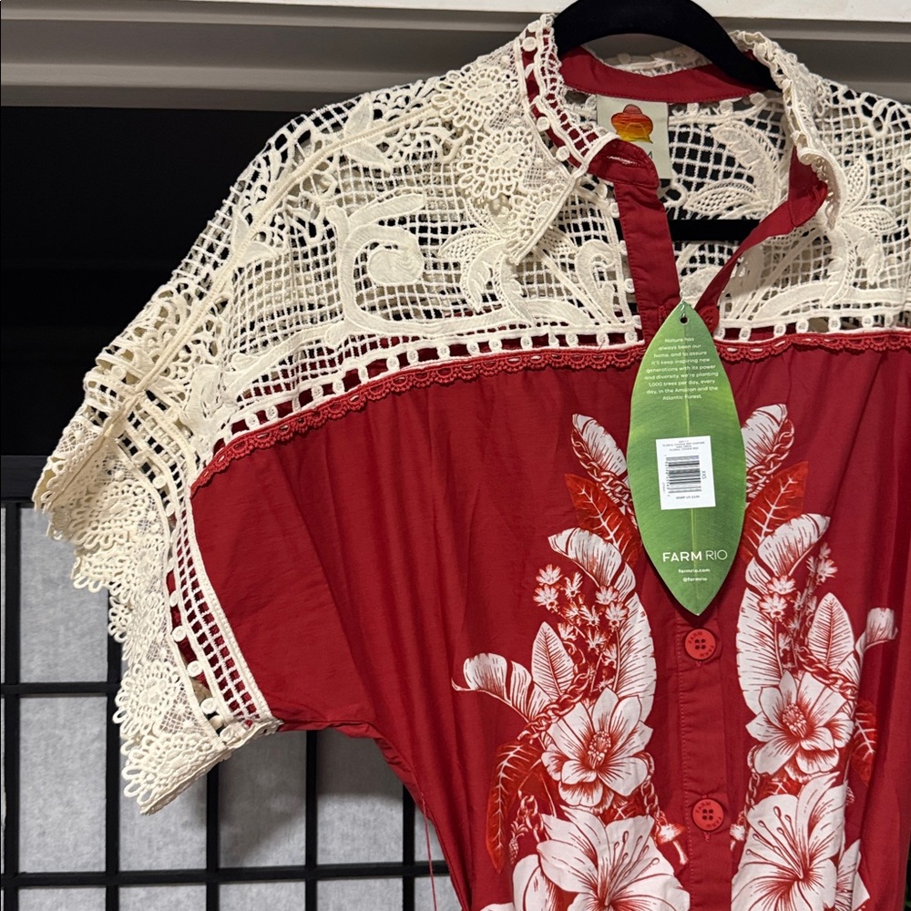 Farm Rio XXS Red Floral Chains Guipure Midi Dress - Picture 5 of 12